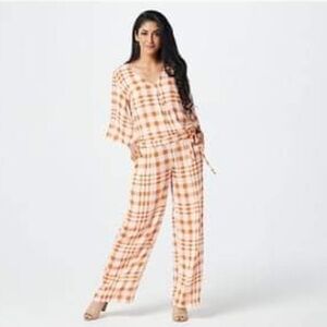 NWOT Du Jour 2 piece orange plaid set with wide leg pants